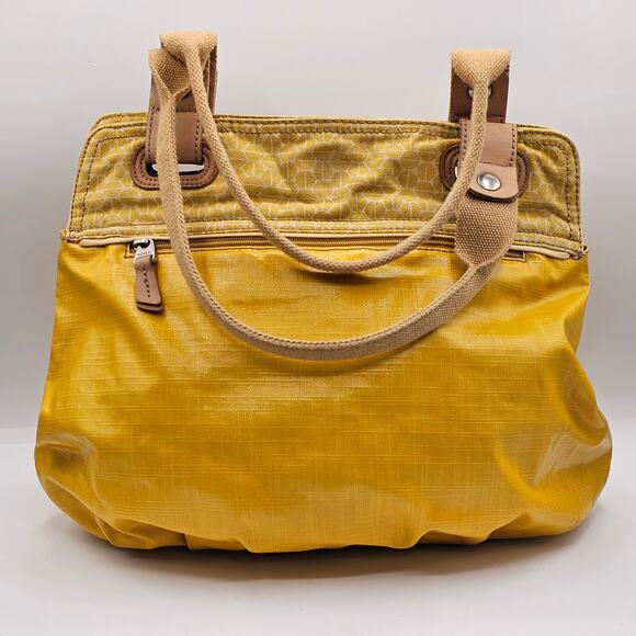 Fossil Key-per Shoulder Bag Boho Yellow Purse Vintage Leather Canvas Trim Tote - Picture 2 of 8